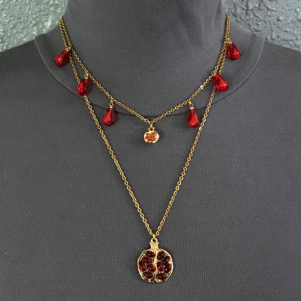 Persephone Greek Goddess Pomegranates and Seeds Handmade 2-Layer Gold Necklace